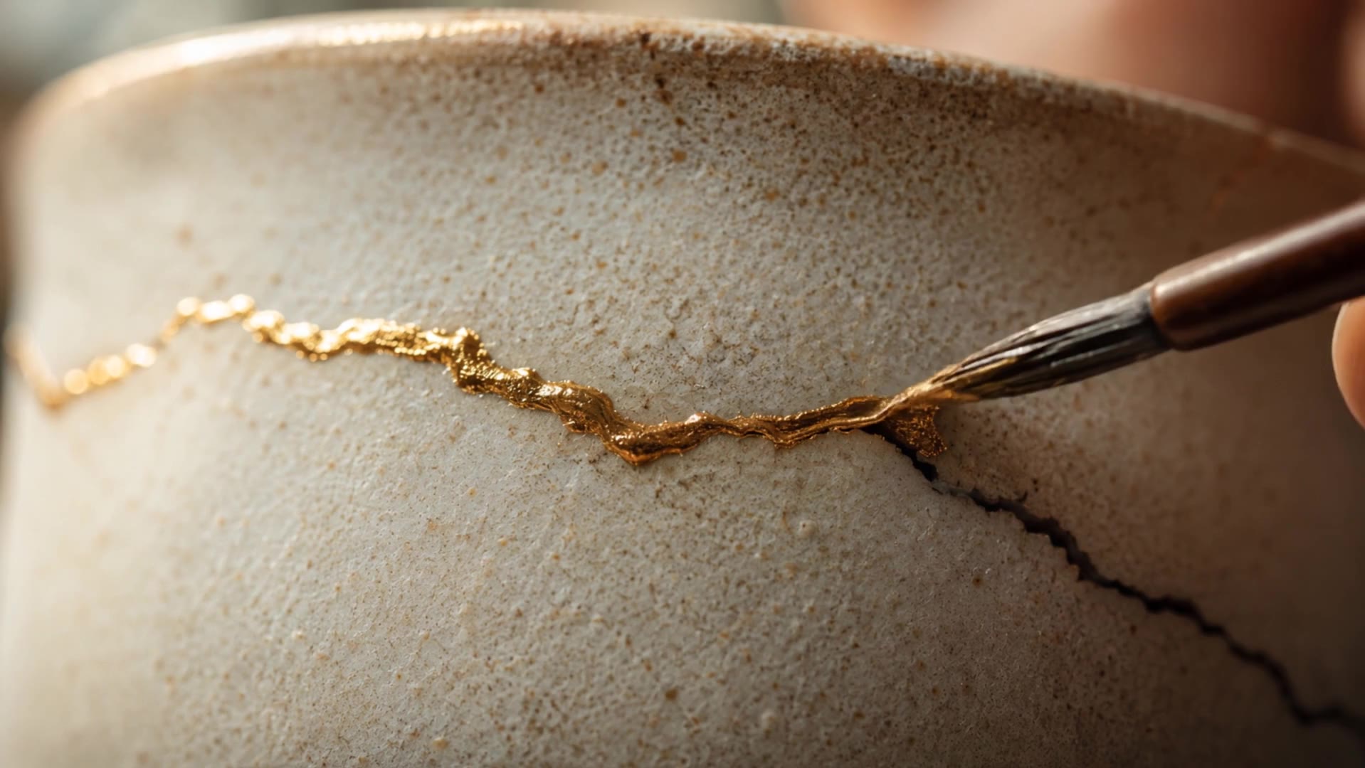 Kintsugi — a cracked bowl repaired with gold